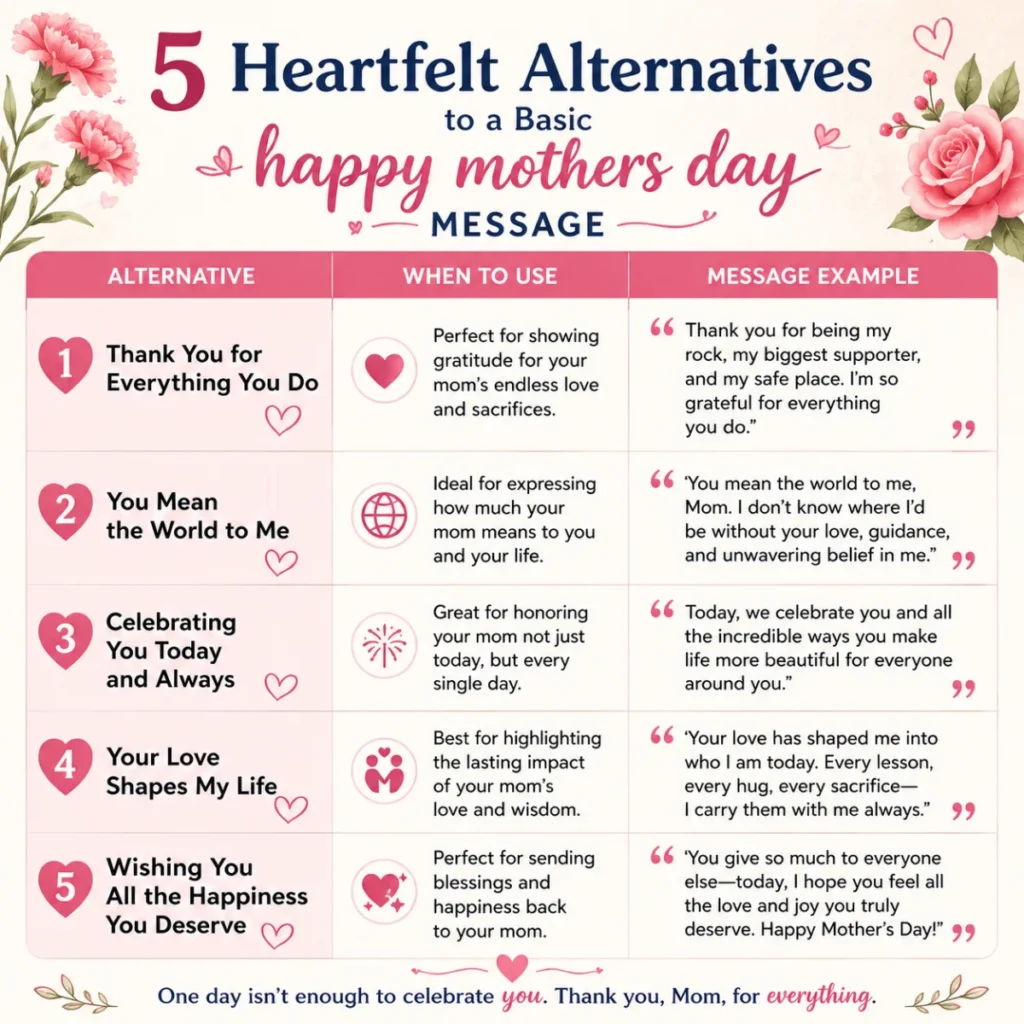 5 Heartfelt Alternatives to a Basic happy mothers day message (With Table)