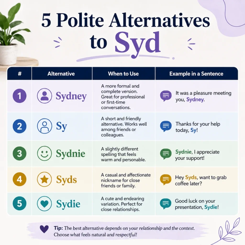 5 Polite Alternatives to Syd (With Table)