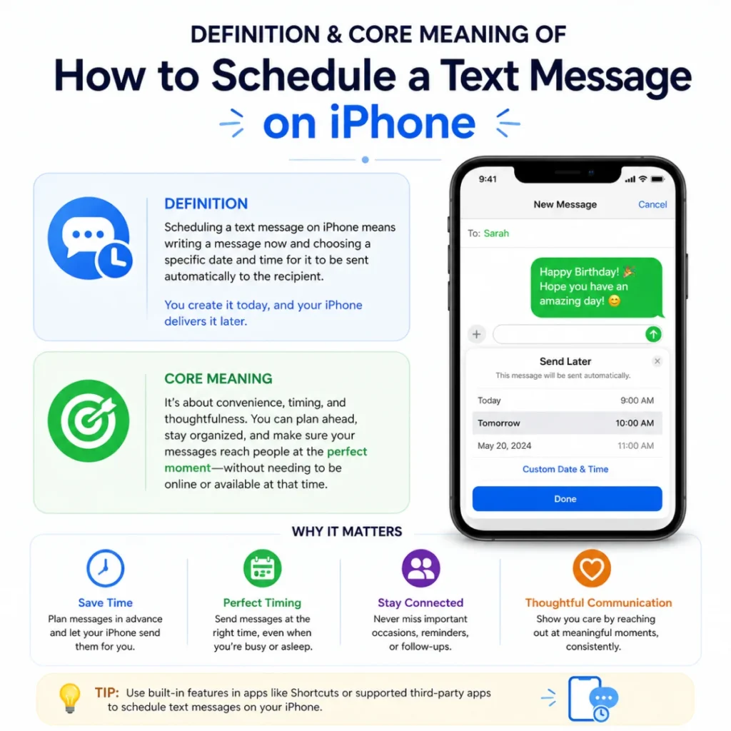 Definition & Core Meaning of how to schedule a text message on iphone