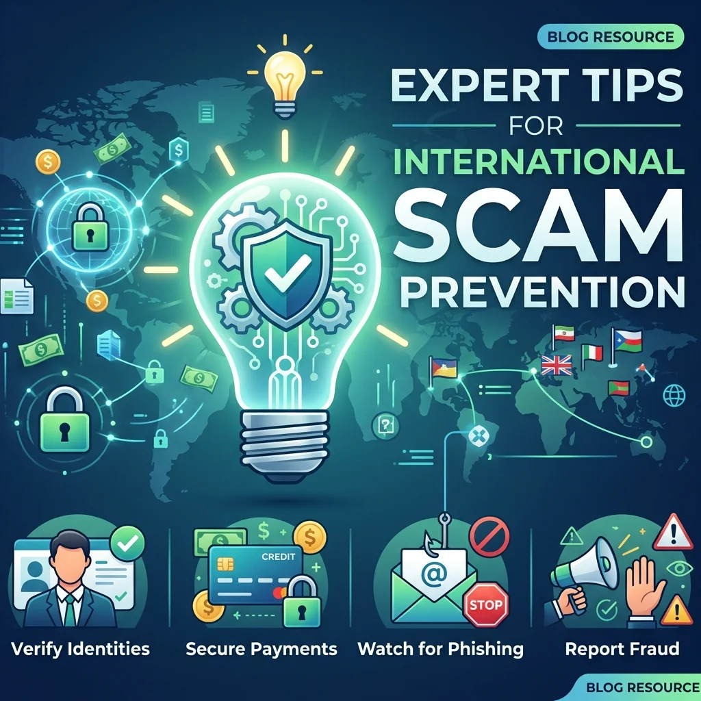 Expert tips for international scam prevention, including suspicious calls, unexpected texts, spoofed numbers, phishing links, and SMS safety