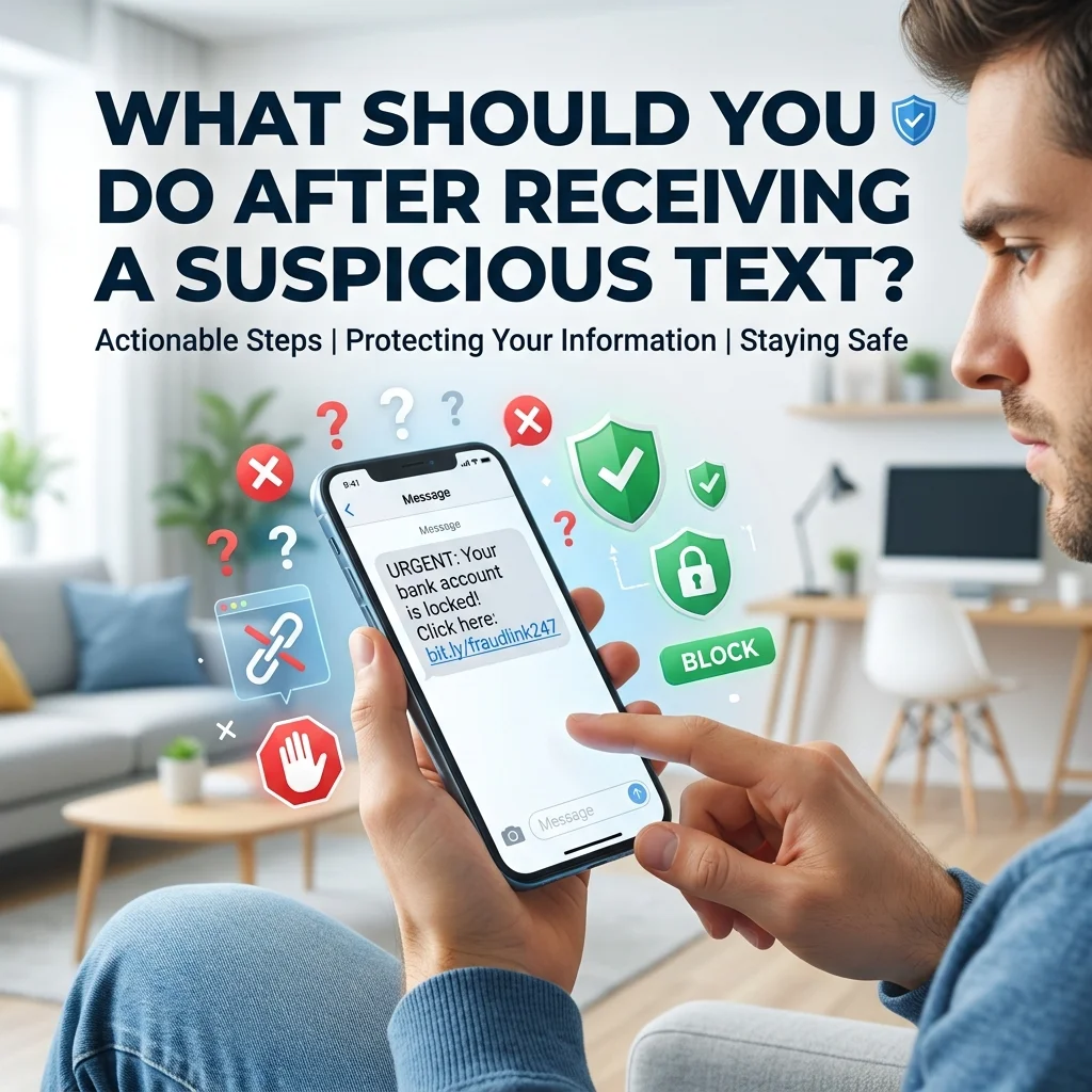 What to do after receiving a suspicious text, including reporting spam to 7726, blocking messages, and avoiding scam links