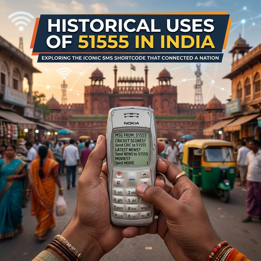 Historical uses of 51555 in India, including Facebook SMS services, Airtel, Aircel, Tata Indicom, and mobile updates