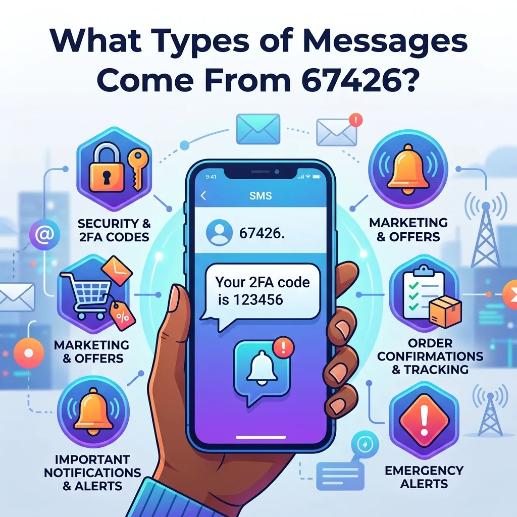 What types of messages come from 67426, including Alight benefits texts, app links, and SMS notifications
