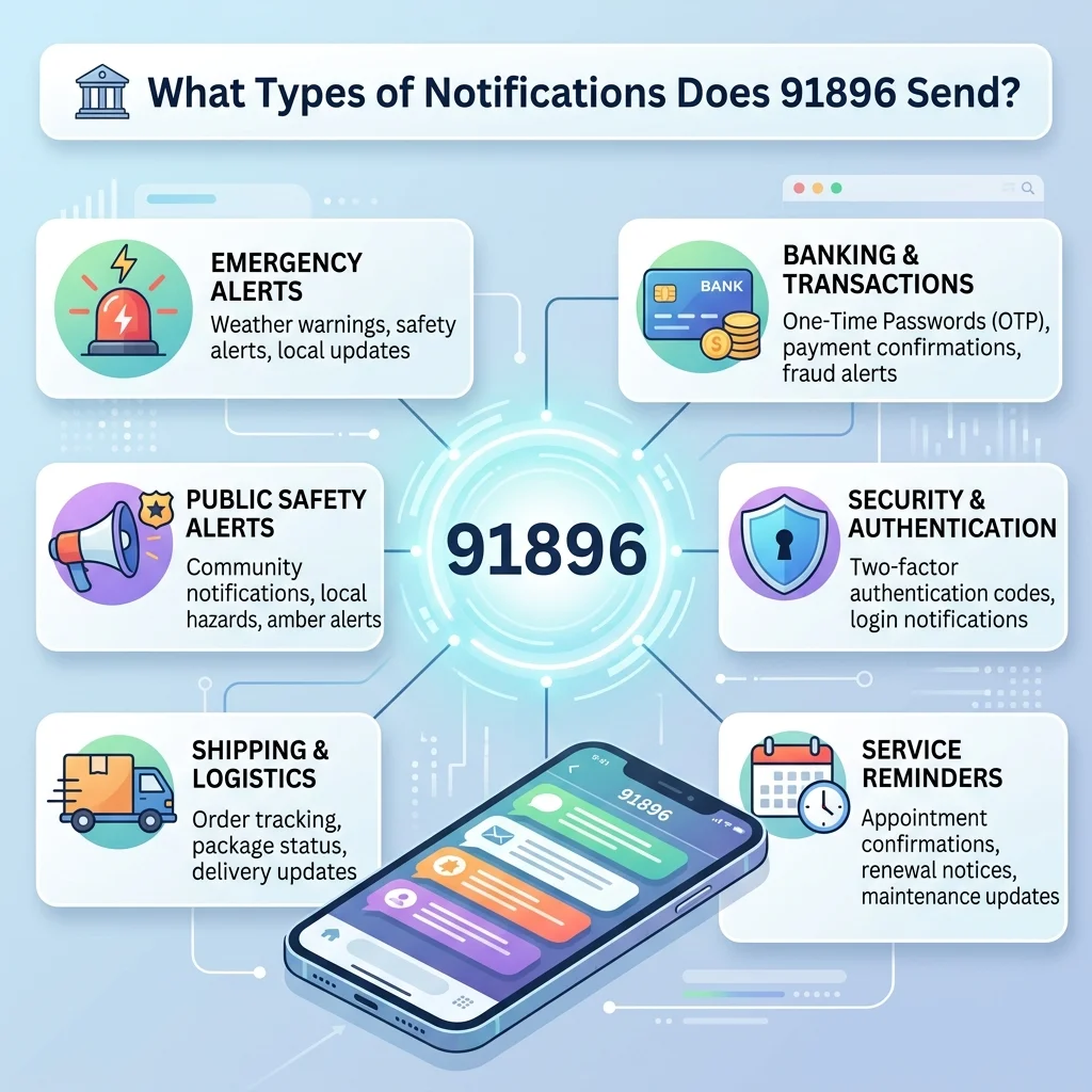 What types of notifications does 91896 send, including government alerts, weather warnings, road closures, elections, and community updates